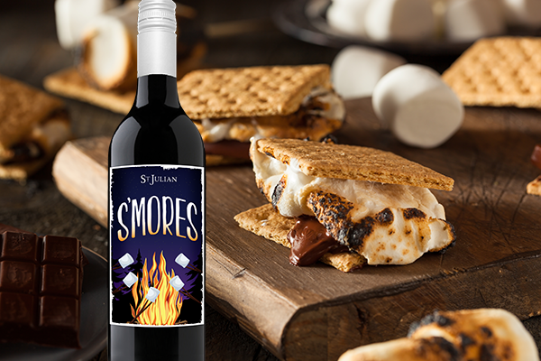 Image of S'mores wine and s'mores in the background.