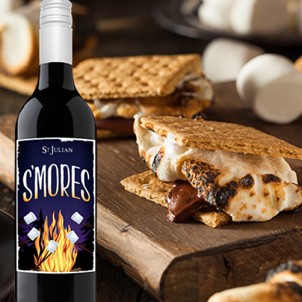 Image of S'mores wine and s'mores in the background.